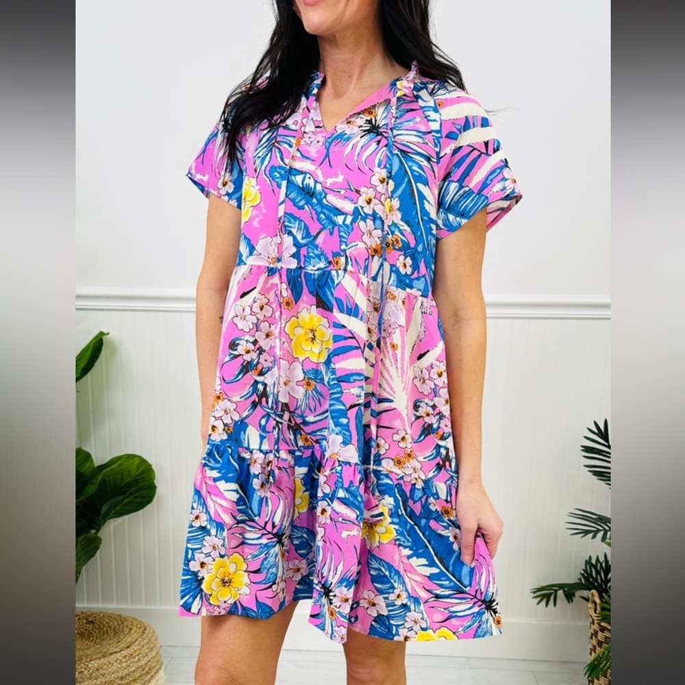 NWT Cotton Bleu Tropical Floral Print Dress in Pink Sz S